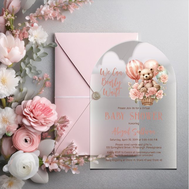 Teddy Bear Balloons Girl Virtual Baby Shower Acrylic Invitations (Teddy Bear and Balloons "We Can Bearly Wait" Girl Virtual Baby Shower Acrylic Invitation)