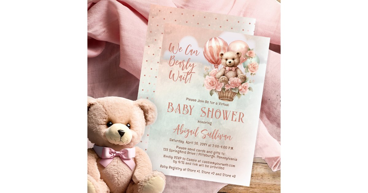 Teddy Bear Balloons Girl Virtual Baby Shower Invitation | Zazzle