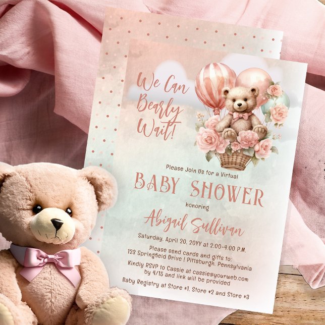 Teddy Bear Balloons Girl Virtual Baby Shower Invitation (Teddy Bear in a Hot Air Balloon - Pink Flowers "We Can Bearly Wait" Girl Virtual Baby Shower Invite)