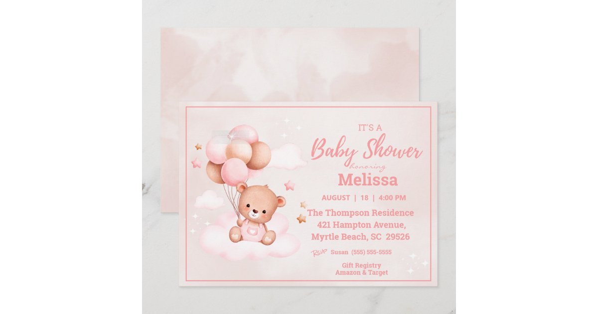 Teddy Bear Balloons Girls Baby Shower Invitation | Zazzle
