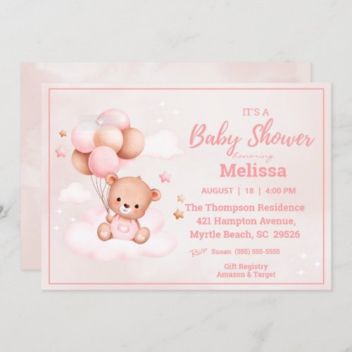 Teddy Bear Balloons Girls Baby Shower Invitation