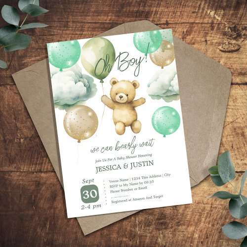 Teddy Bear Balloons Green Baby Shower Invitation