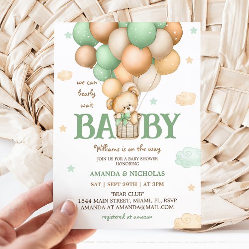  Teddy Bear Balloons Green Cute Baby Shower Invitation