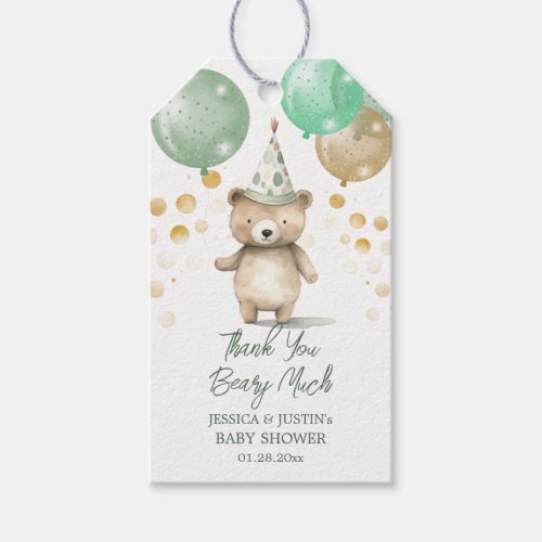 Teddy Bear Balloons Green Gold Baby Shower Gift Tags