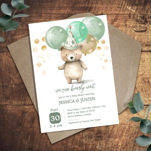 Teddy Bear Balloons Green Gold Baby Shower Invitation