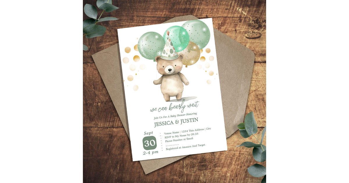 Teddy Bear Balloons Green Gold Baby Shower Invitation | Zazzle