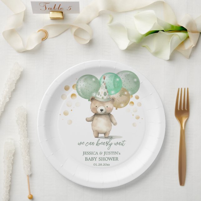 Teddy Bear Balloons Green Gold Baby Shower Paper Plates (Wedding)