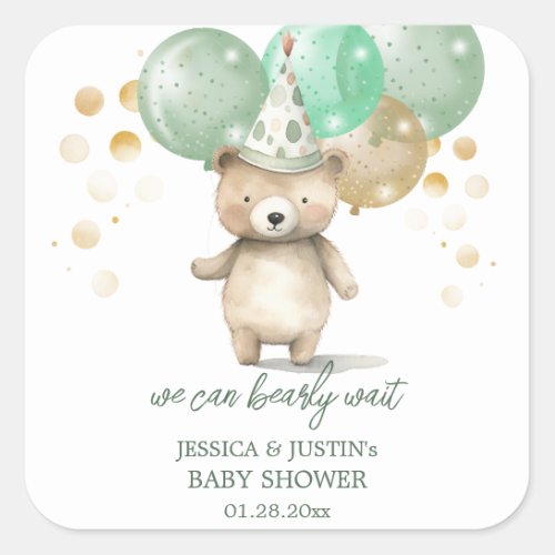 Teddy Bear Balloons Green Gold Baby Shower Square Sticker