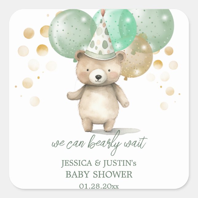 Teddy Bear Balloons Green Gold Baby Shower Square Sticker (Front)