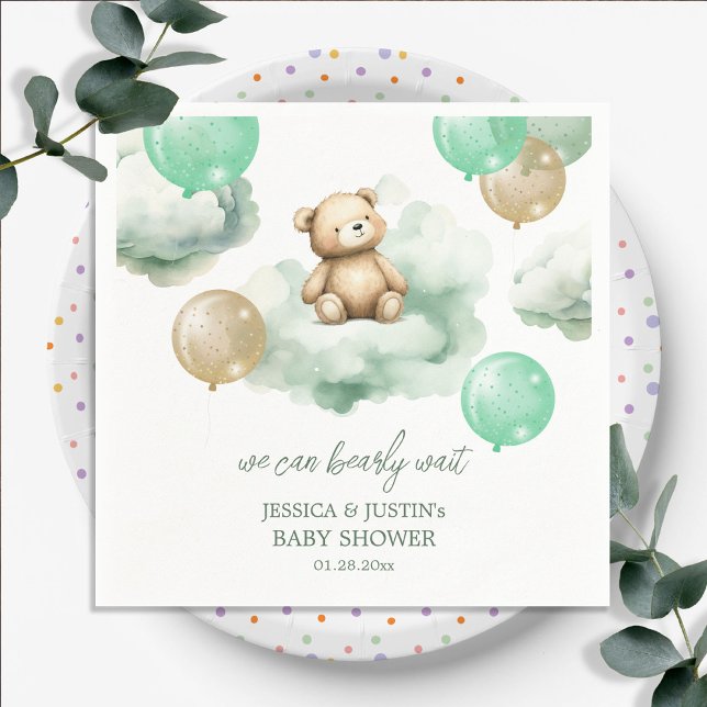 Teddy Bear Balloons Green Gold Sky Baby Shower Napkins (Creator Uploaded)