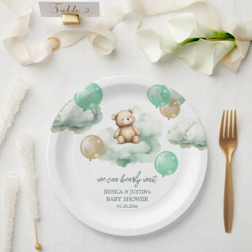 Teddy Bear Balloons Green Gold Sky Baby Shower Paper Plates