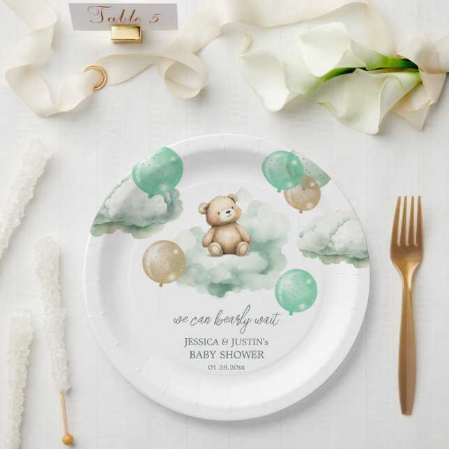 Teddy Bear Balloons Green Gold Sky Baby Shower Paper Plates (Wedding)