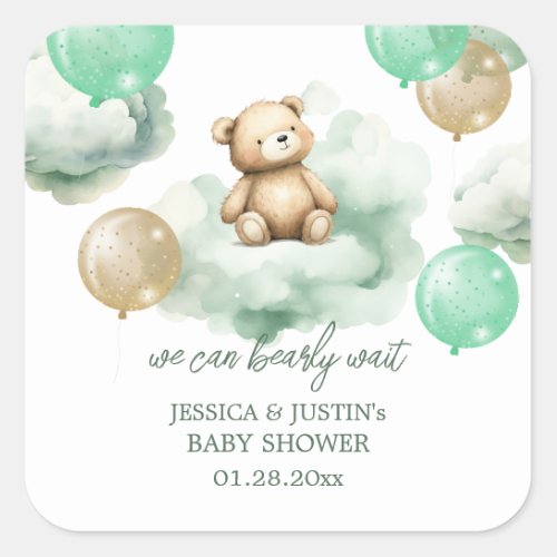 Teddy Bear Balloons Green Gold Sky Baby Shower Square Sticker