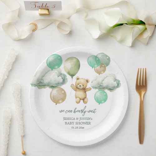 Teddy Bear Balloons Green Sky Baby Shower Paper Plates