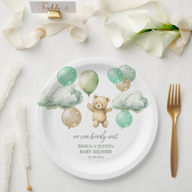 Teddy Bear Balloons Green Sky Baby Shower Paper Plates (Wedding)