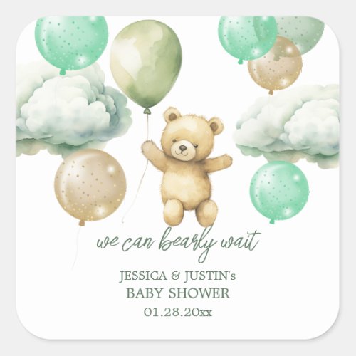 Teddy Bear Balloons Green Sky Baby Shower Square Sticker