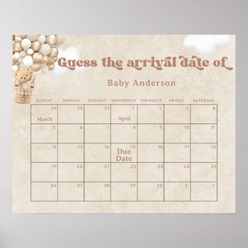 Teddy Bear Balloons Guess the due Date Calendar  Poster