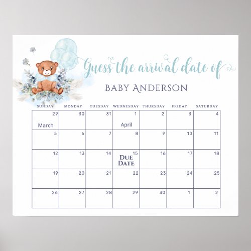 Teddy Bear Balloons Guess the due Date Calendar  Poster