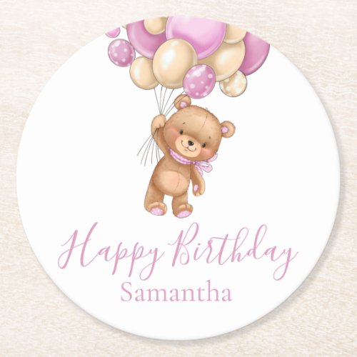 Teddy Bear Balloons Happy Birthday Pink Girl Round Paper Coaster