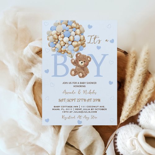 Teddy Bear Balloons Hearts Minimal Boy Light Blue  Invitation