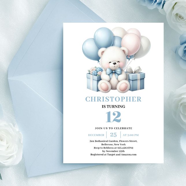 Teddy bear balloons invitation for boy birthday (Teddy bear balloon invitation for boy birthday)