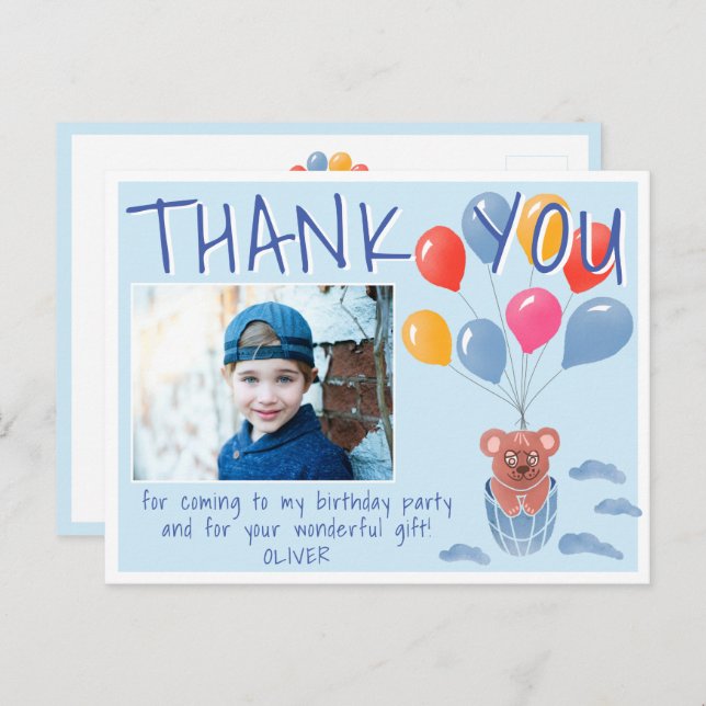 Teddy Bear Balloons Kids Photo Birthday Thank you Postcard (Front/Back)