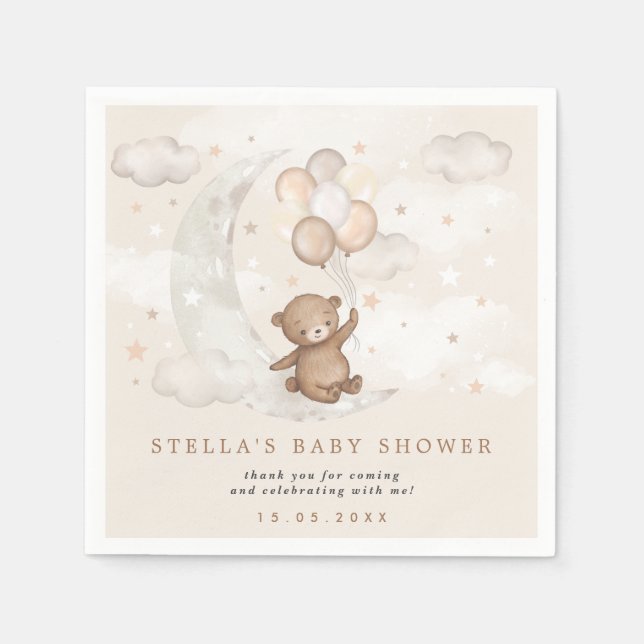 Teddy Bear Balloons Moon & Stars Baby Shower Party Napkins (Front)