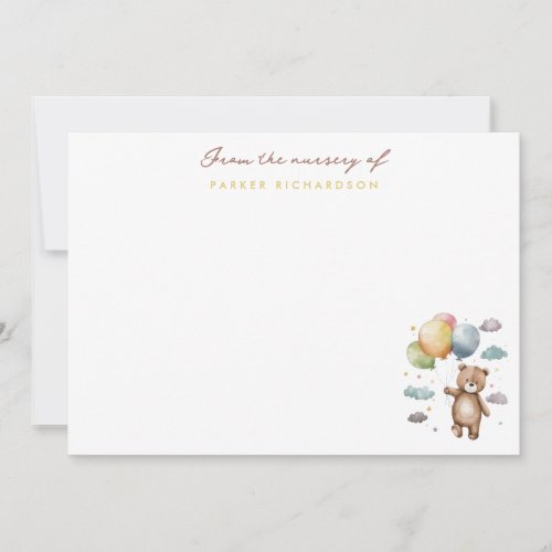 Teddy Bear  Balloons Nursery Yellow Thank You Note Card