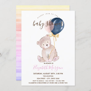 Teddy Bear Balloons Ombre Striped Baby Shower Invitation