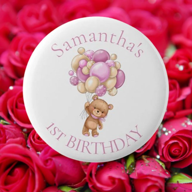 Teddy Bear  Balloons Pink 1st Birthday  Button (Celebrate your favorite bear's birthday in style! )