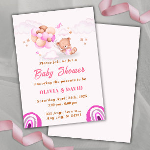 Teddy Bear,Balloons pink And Brown Baby Shower  Invitation