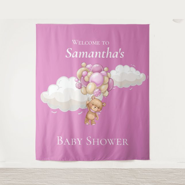 Teddy Bear  Balloons Pink Baby Shower backdrop (Front)