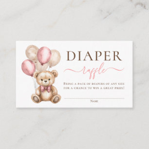 Teddy Bear Balloons Pink Baby Shower Diaper Raffle Enclosure Card