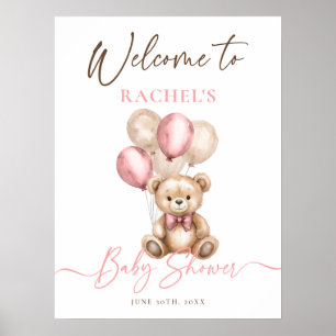 Teddy Bear Balloons Pink Baby Shower Welcome Poster