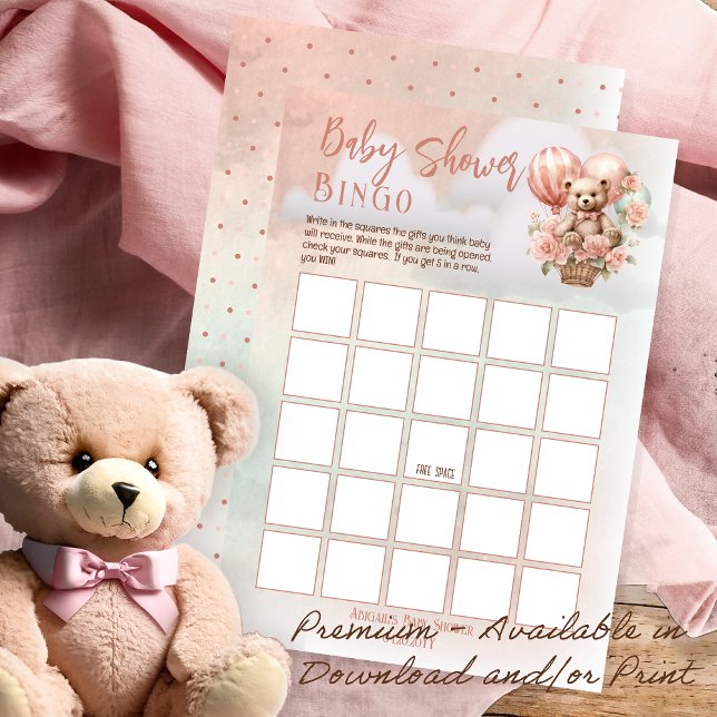 Teddy Bear Balloons Pink Girl Baby Shower Bingo Invitation (Teddy Bear Hot Air Balloon | Pink Flowers Girl Baby Shower Bingo Game Download and/or Print)