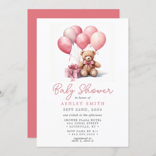 Teddy Bear Balloons Pink Girl Baby Shower Invitation