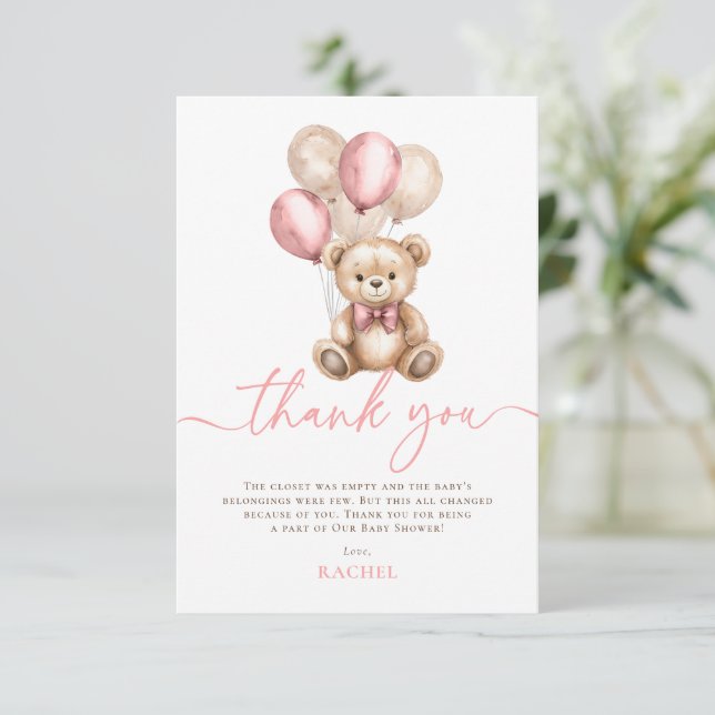 Teddy Bear Balloons Pink Girl Baby Shower Thank You Card (Standing Front)