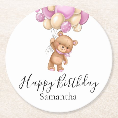 Teddy Bear Balloons Pink Girl Happy Birthday Round Paper Coaster