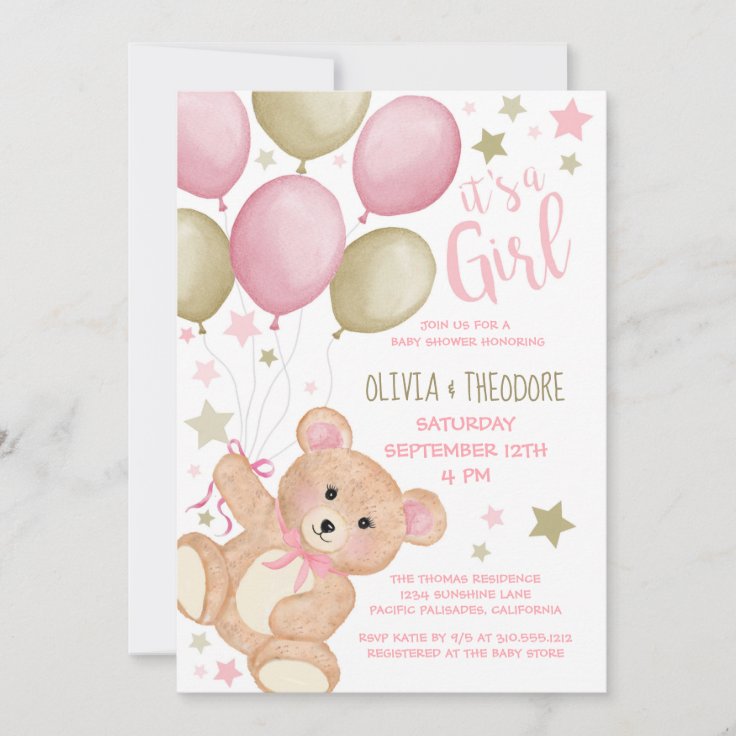 Teddy Bear Balloons Pink Gold Girl Baby Shower In Invitation | Zazzle