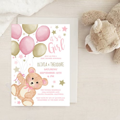 Teddy Bear Balloons Pink Gold Girl Baby Shower  In Invitation