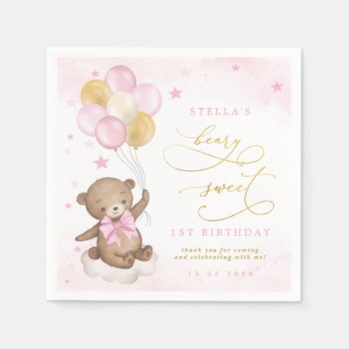 Teddy Bear Balloons Pink Gold Stars Birthday Napkins