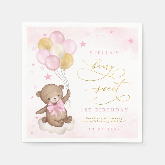Teddy Bear Balloons Pink Gold Stars Birthday Napkins (Front)