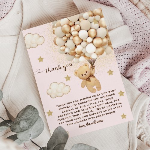 Teddy Bear Balloons Pink Gold Tan Thank You Card