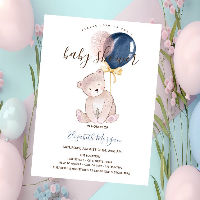 Teddy Bear Balloons Pink Striped Baby Shower  Invitation (Creator Uploaded)