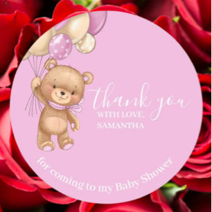 Teddy Bear Balloons PInk Thank You Classic Round Sticker