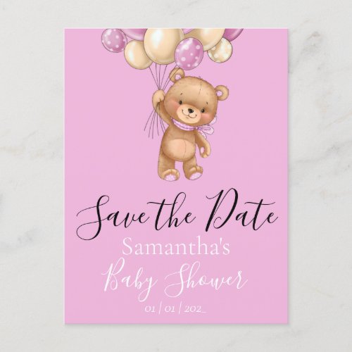 Teddy Bear Balloons Pink the Date Postcard