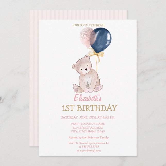 Teddy Bear Balloons Striped Birthday Invitation (Front/Back)