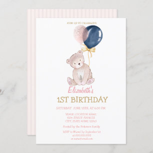 Teddy Bear Balloons Striped Birthday Invitation