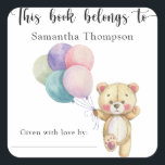 Teddy bear balloons - this book belongs to square sticker<br><div class="desc">"We can bearly wait". Celebrate with this teddy bear themed baby shower party!
Watercolor cute teddy bear with colorful balloons. Back background with watercolor blue-pink skies.
Matching items available.</div>