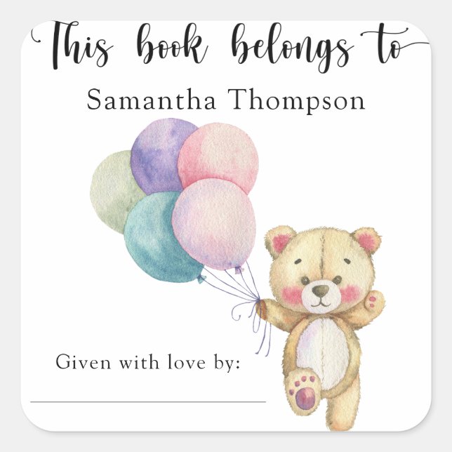 Teddy bear balloons - this book belongs to square sticker (Front)